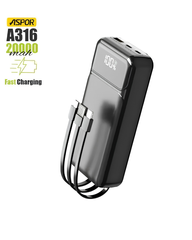 Aspor A316 20000mAh 22.5W Fast Charging Power Bank with Built-in Cables & Digital Display