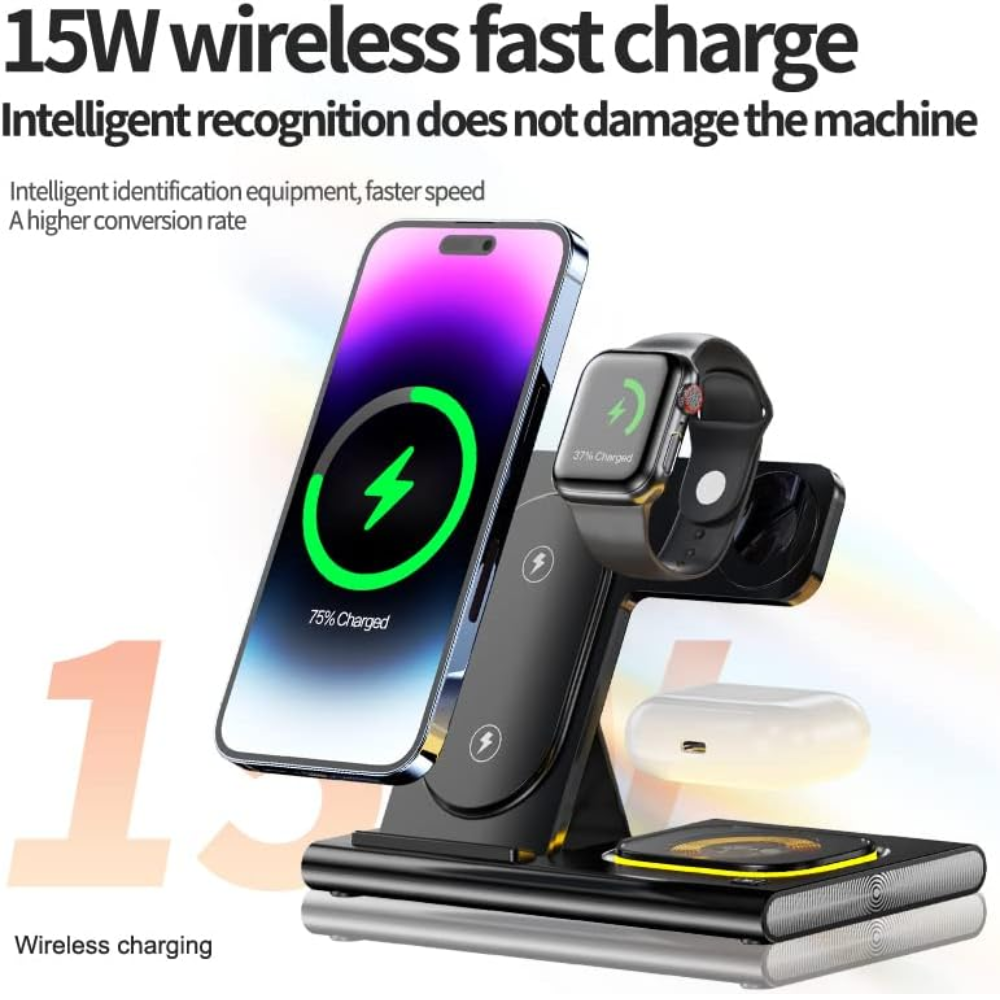 4-in-1 Foldable Wireless Charging Station with LED Night Light – Fast Charging Hub for Apple & Android