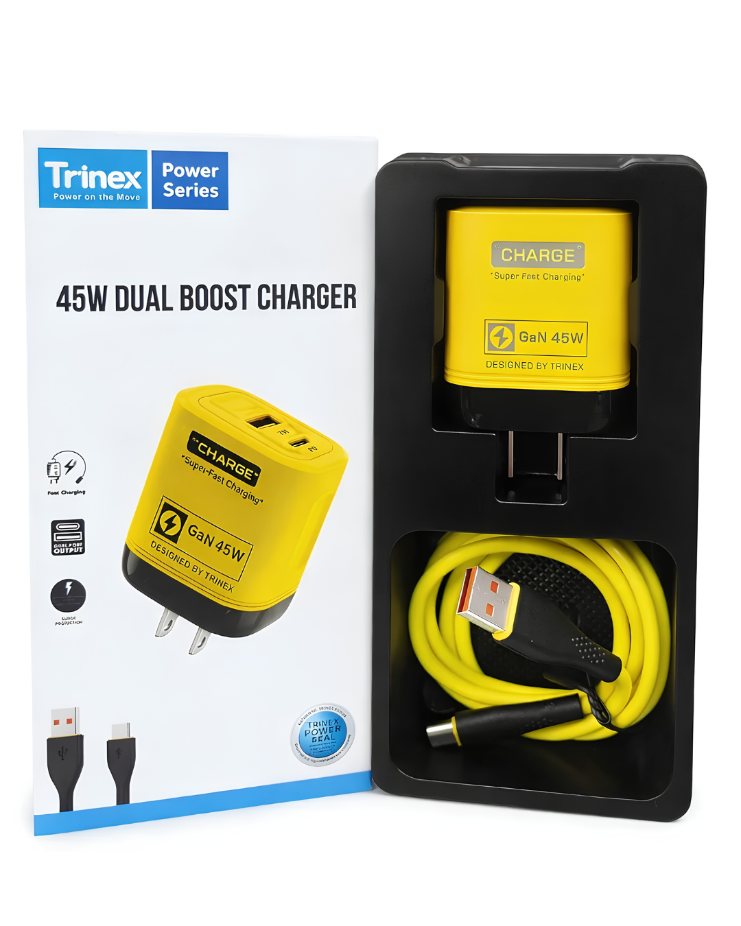 Trinex Dual Boost 45W Charger | Super Fast Charging USB-C Power Adapter for Smartphone & Tablet