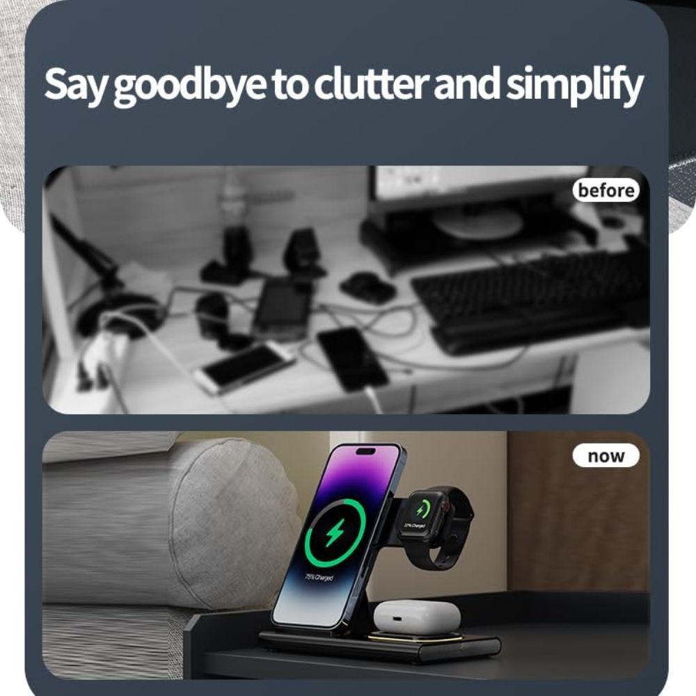 4-in-1 Foldable Wireless Charging Station with LED Night Light – Fast Charging Hub for Apple & Android