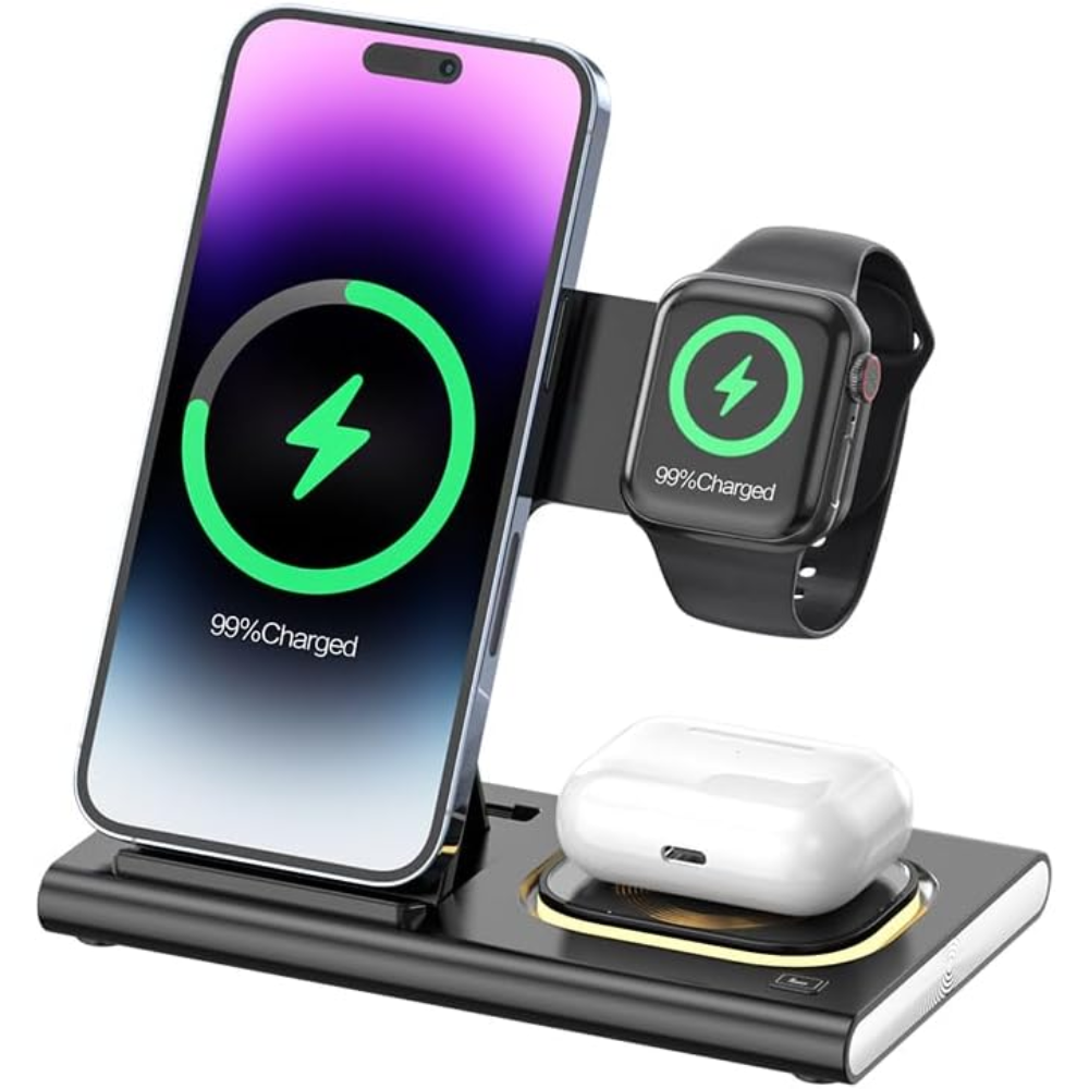 4-in-1 Foldable Wireless Charging Station with LED Night Light – Fast Charging Hub for Apple & Android