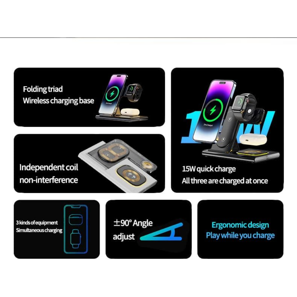 4-in-1 Foldable Wireless Charging Station with LED Night Light – Fast Charging Hub for Apple & Android