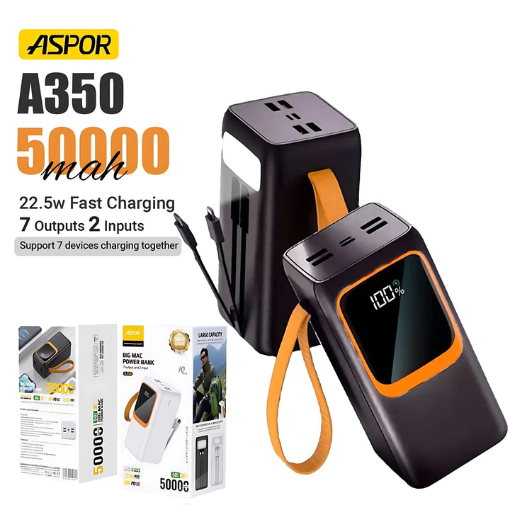 Aspor A350 50000mAh Power Bank – 22.5W Fast Charging, 4 Ports – T&S Traders