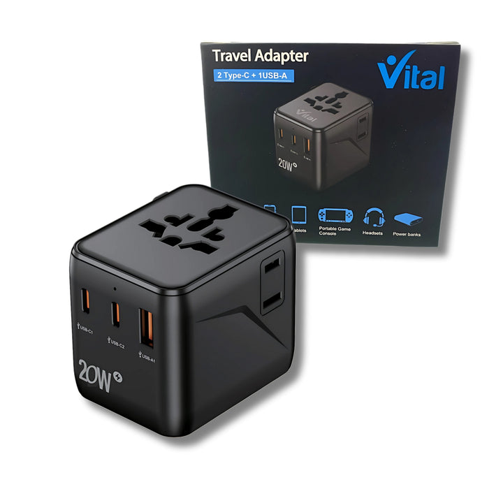 Universal Travel Adapter – 20W Fast Charging with 3 Ports (2 PD + 1 USB-A) | Works in 200+ Countries