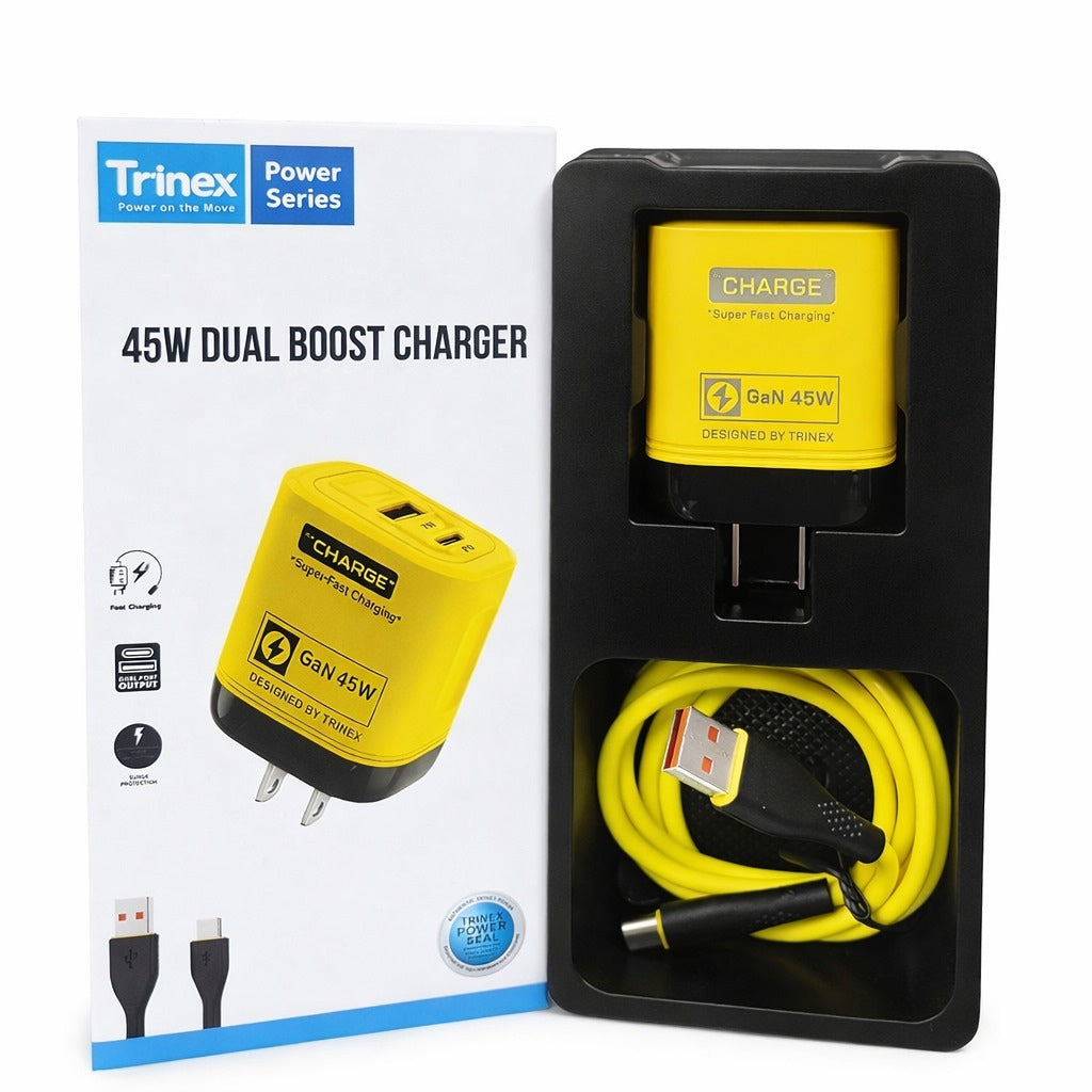 Trinex Dual Boost 45W Charger | Super Fast Charging USB-C Power Adapter for Smartphone & Tablet