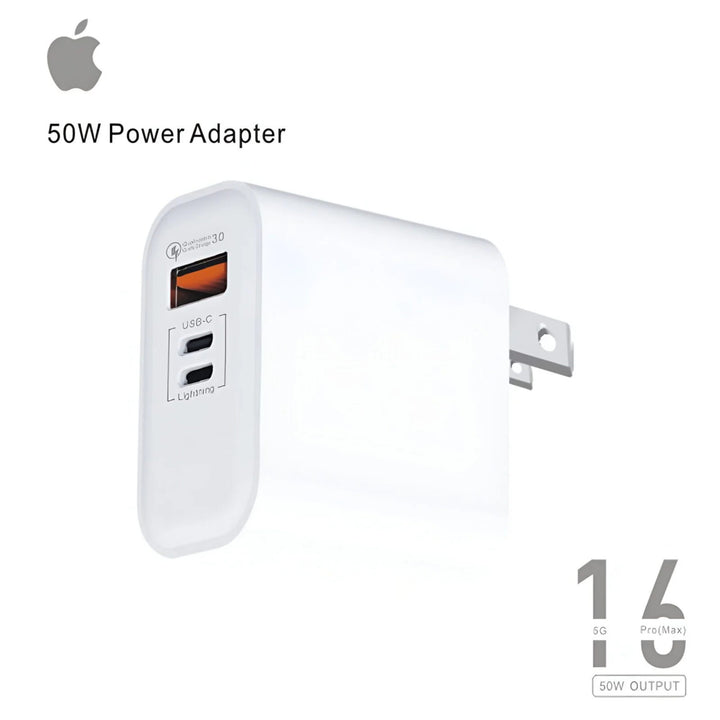 iPhone 16 Pro Max 50W Power Adapter with 3 Ports (USB-A, USB-C Or Lightning)