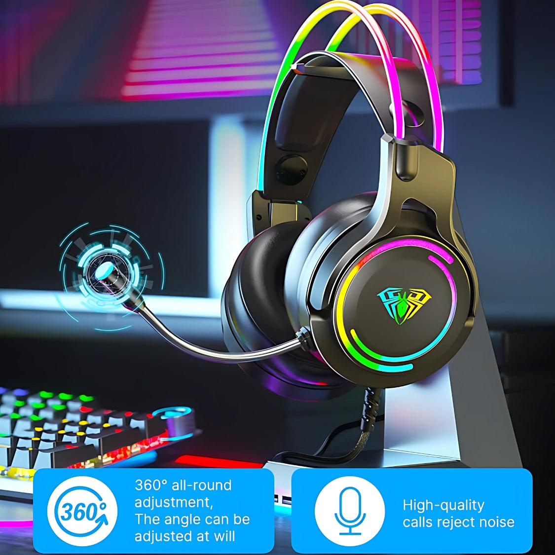 AULA S608 RGB Gaming Headset – 50mm Drivers, Noise-Canceling Mic – T&S Traders